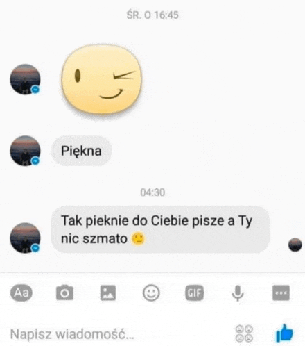 a screenshot of a text message between two people with a smiley face in the middle .