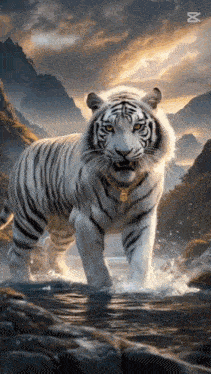 a white tiger with a gold chain around its neck is walking through a river .