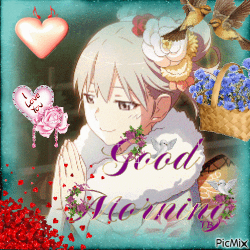 a picture of a girl with flowers and the words " good morning " on it