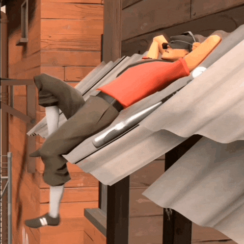 a cartoon character is laying on a roof