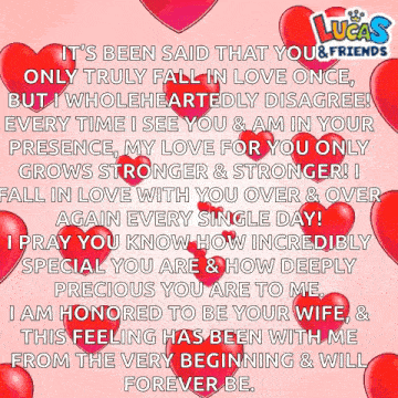 a lucas and friends valentine 's day card with red hearts