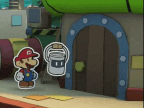 a paper mario is holding a bucket in front of a house