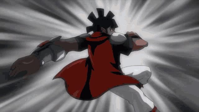 a cartoon character in a red cape and white pants is flying through the air