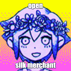 a drawing of a girl with a flower crown on her head and the words open silk merchant on the bottom