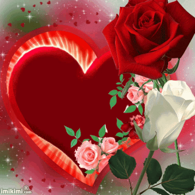 a red heart surrounded by pink and white roses with imikimi.com in the corner