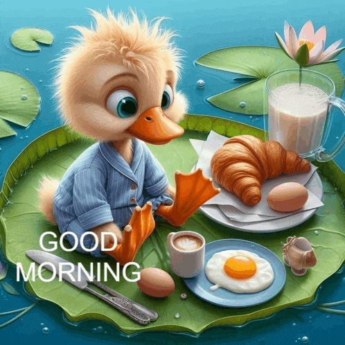 a duck is sitting on a lily pad with eggs a croissant and a cup of coffee ..