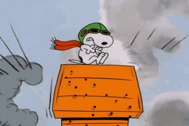 snoopy wearing a helmet and goggles is flying through the air