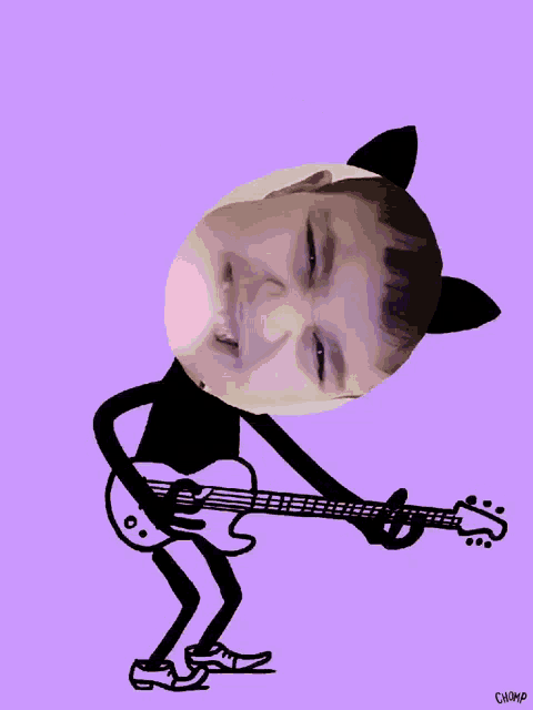 a drawing of a person playing a guitar with a purple background and the word chump on the bottom