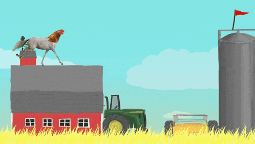 a chicken is standing on top of a building next to a tractor