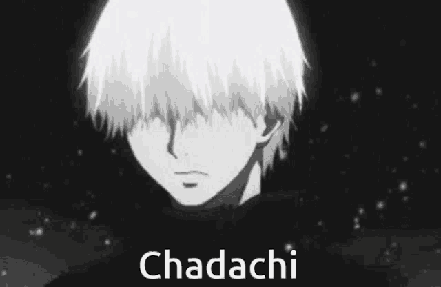 a black and white photo of a person with the name chadachi written on it .