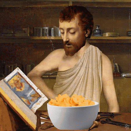 a painting of a man reading a book next to a bowl of cheese chips
