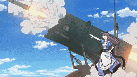 a girl in a maid outfit is pointing at a rocket that is being launched