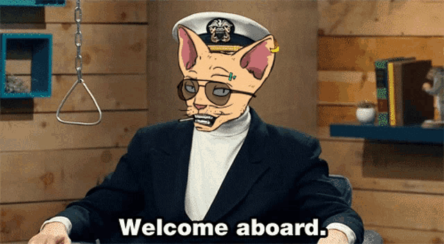 a man with a cat 's head and a welcome aboard message