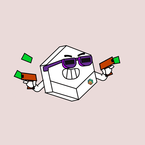 a cartoon drawing of a box with sunglasses and a sticker that says cd on it