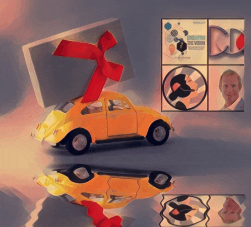 a yellow car with a red bow on top of it next to a book titled executive the vision