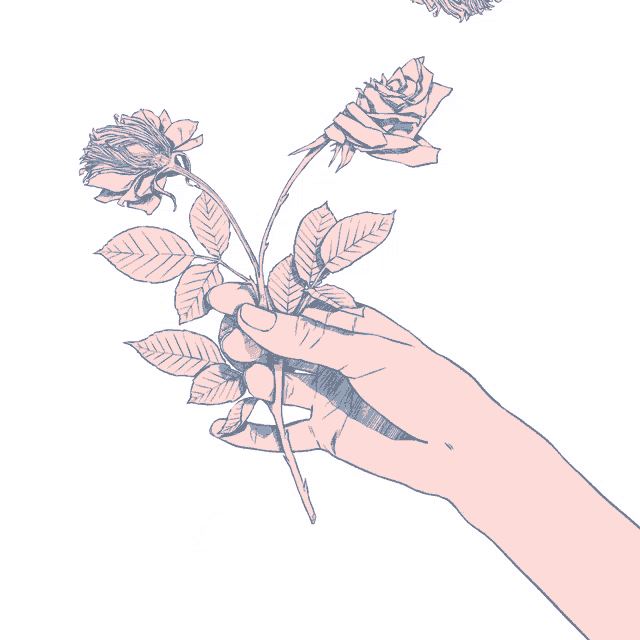 a drawing of a hand holding a bunch of roses