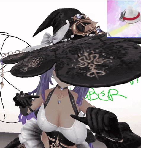 a woman with purple hair wearing a black witch hat with the word ber written in green