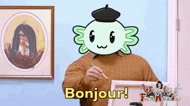 a cartoon of a man holding a canvas with the words bonjour on the bottom