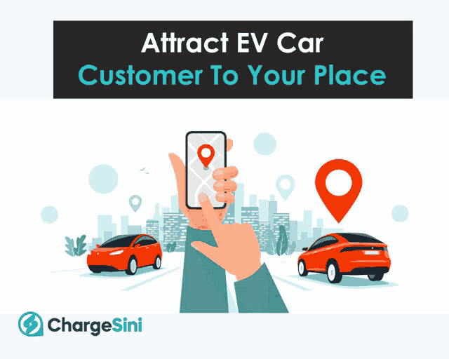 an illustration of a hand holding a cell phone with the words attract ev car customer to your place below it