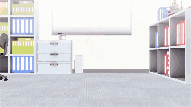 a room with a white board on the wall and a few shelves full of binders