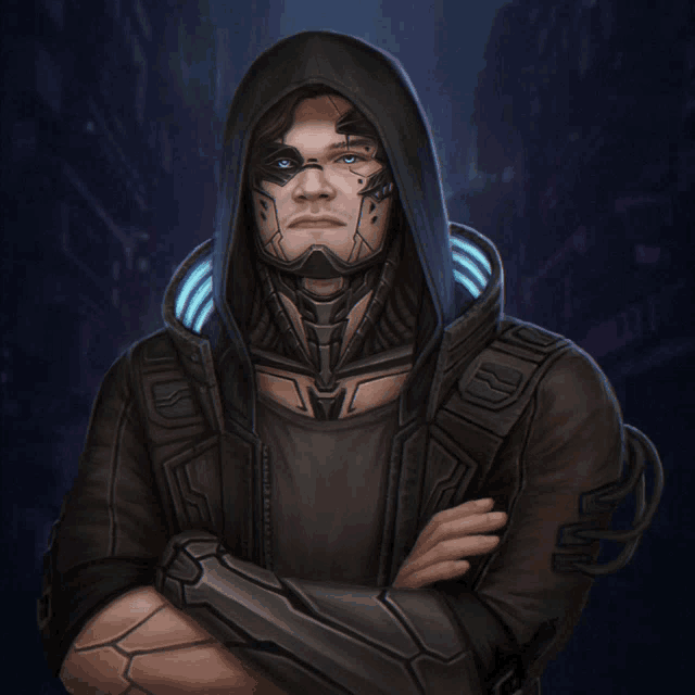 a man in a futuristic hooded jacket with the letter v on the sleeve