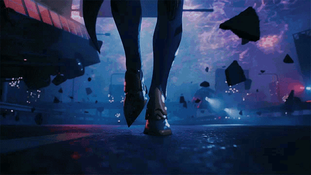 a person 's feet are shown in a video game with a purple sky in the background