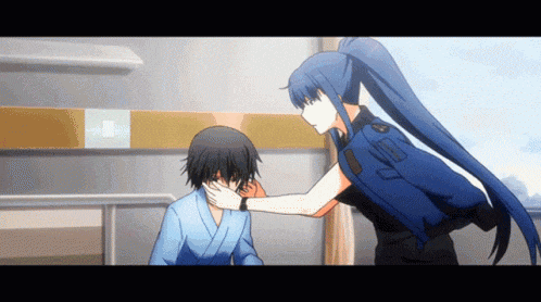 a girl with long blue hair is holding a boy 's hand