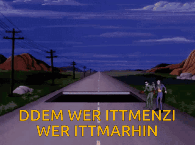 a cartoon scene with the words ddem wer ittmenzi wer ittmarhin