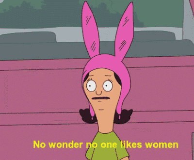 a cartoon of a woman wearing bunny ears and the words no wonder no one likes women