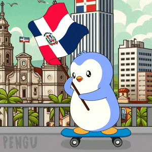 a penguin on a skateboard holding a flag with the word pengu on the bottom