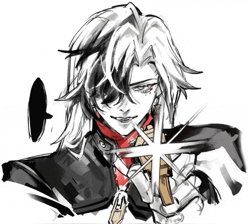 a black and white drawing of a man with long hair and a sword