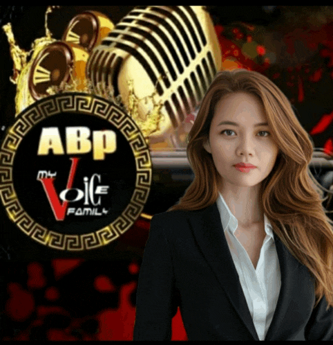 a woman stands in front of a microphone with abp my voice family written on it