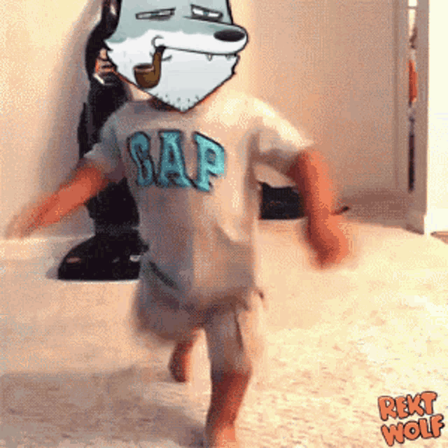 a person wearing a gap shirt with a cartoon wolf on their head