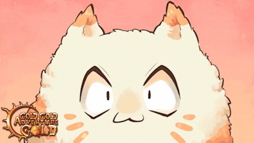 a cartoon drawing of a cat with a gold gold adventure gold logo in the background