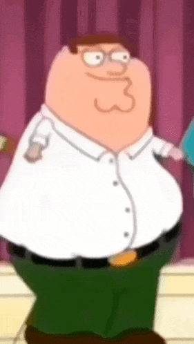 peter griffin from family guy is standing in front of a red curtain .