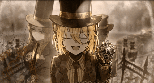 a black and white drawing of a girl in a top hat holding a clock