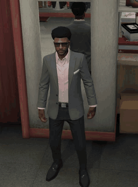 a man in a suit is standing in front of a mirror in a store