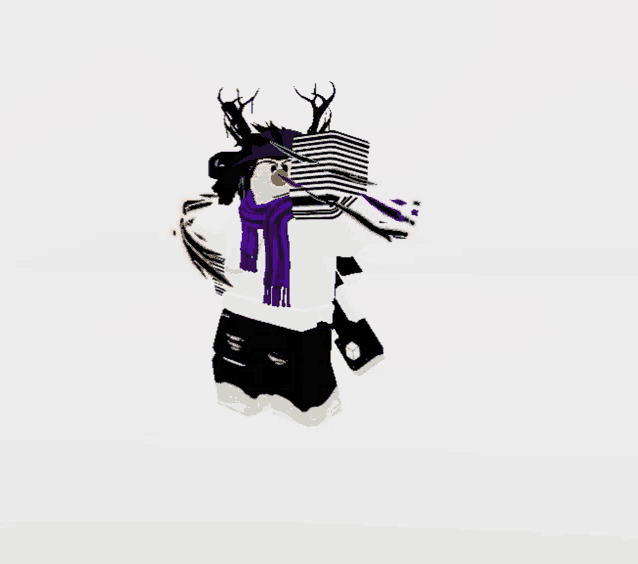 a girl with antlers and a purple scarf is wearing a white shirt and black shorts