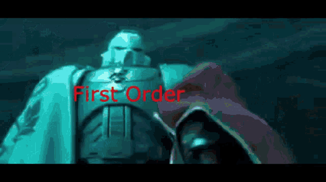 a video game screen shows a robot and the words first order in red