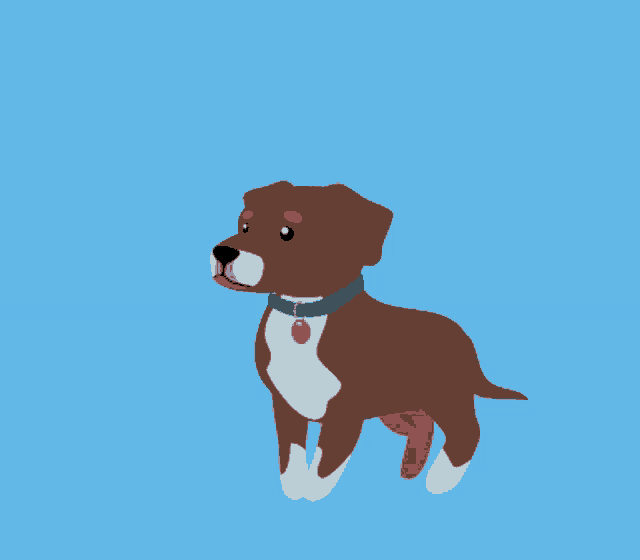 a brown and white dog with a blue collar is standing in front of a pink heart on a blue background