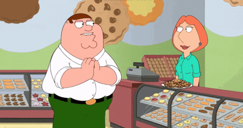 a cartoon of peter griffin and lois griffin in a cookie shop