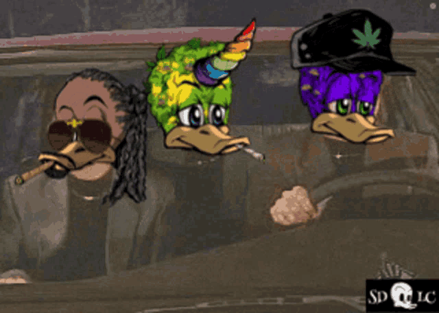 a cartoon of a man smoking a cigar and a duck with a marijuana leaf on its head