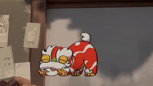 a cartoon drawing of a dog with a red and white striped costume
