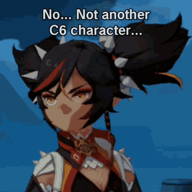 a picture of a girl with spikes on her hair and a caption that says no not another c6 character