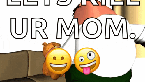 a cartoon of peter griffin holding a teddy bear and two smiley faces with their tongues out