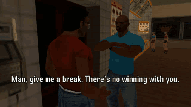 a man in a red shirt is talking to another man in a blue shirt who says man give me a break