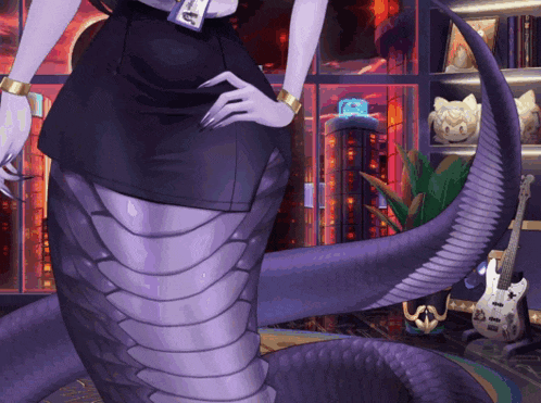 a woman with a long purple tail is standing in front of a window