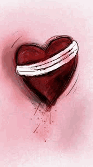 a drawing of a red heart with a white ribbon around it .