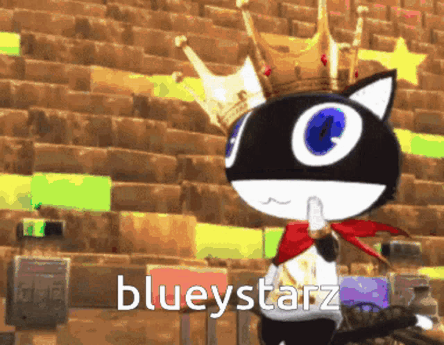 a cartoon cat wearing a crown and a scarf with the words blueystarz below it