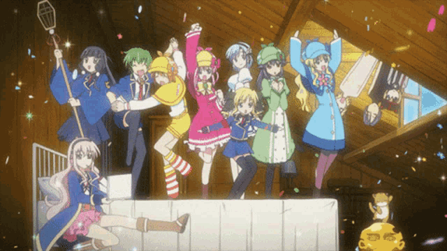 a group of anime characters are standing in a room with confetti falling around them
